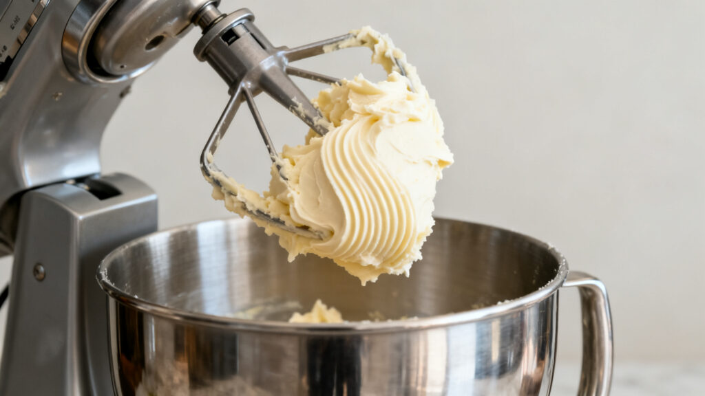 Beurre pommade foisonné avec sucre, texture pâle et lisse