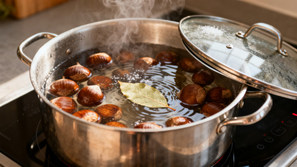 Châtaignes en cuisson à l'eau, ébullition douce et régulière