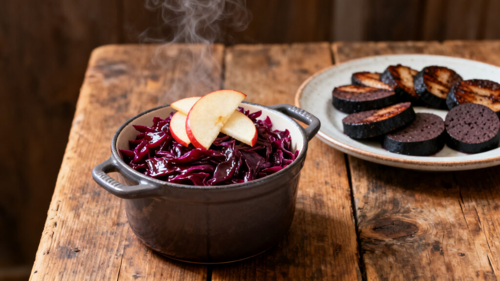 Chou rouge braisé et boudin noir tranché