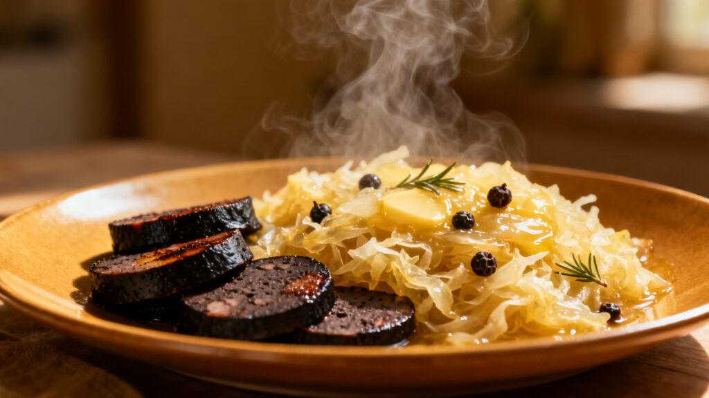 Choucroute chaude au beurre et boudin noir