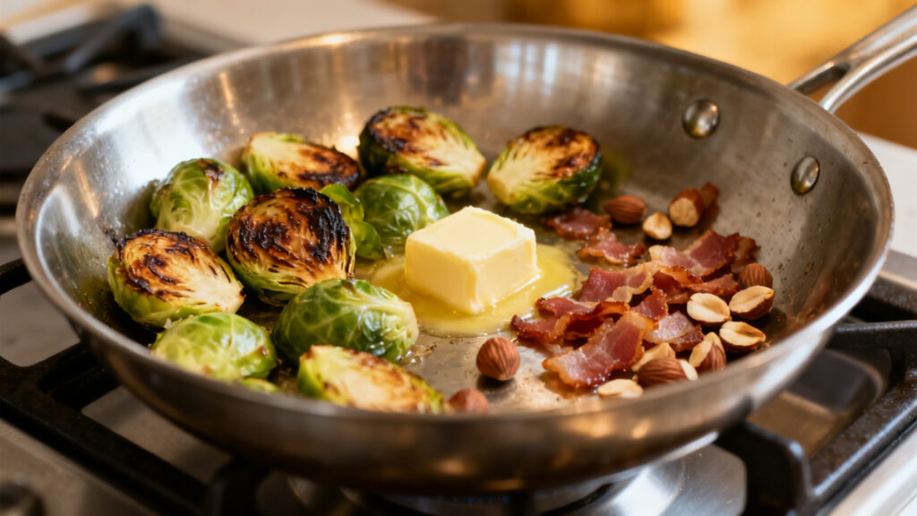 Choux de Bruxelles à la poêle avec lardons et noisettes, face dorée