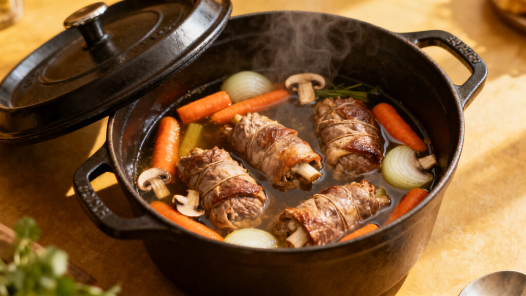 Cuisson en cocotte à petits frémissements, bouillon à mi-hauteur
