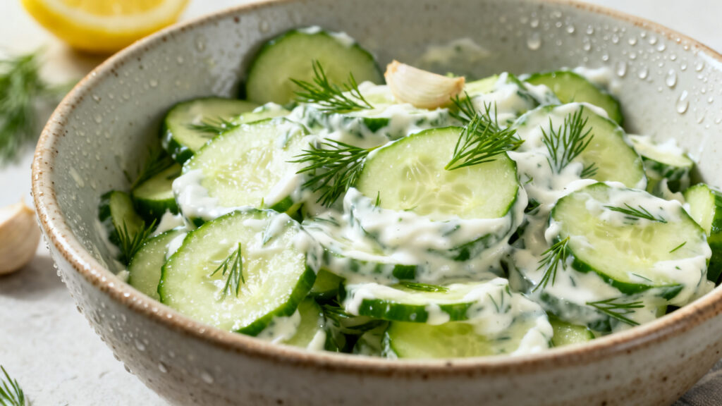 Concombre à la crème, aneth et yaourt grec bien frais