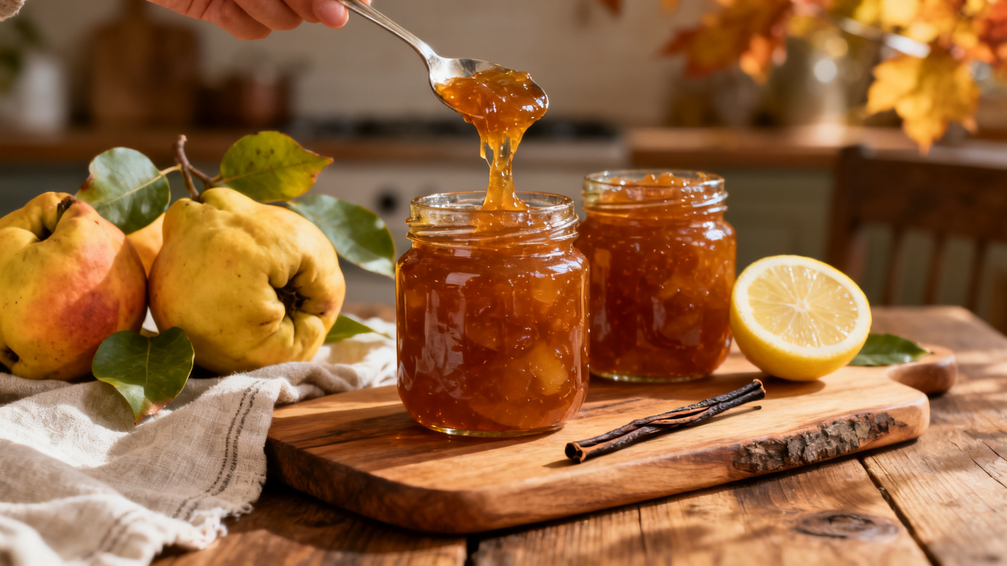 Pots de confiture de coing et cuillerée au ruban nappant