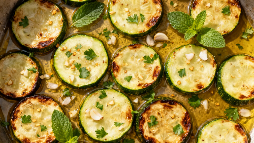 Courgettes à la poêle dorées, ail persil et menthe