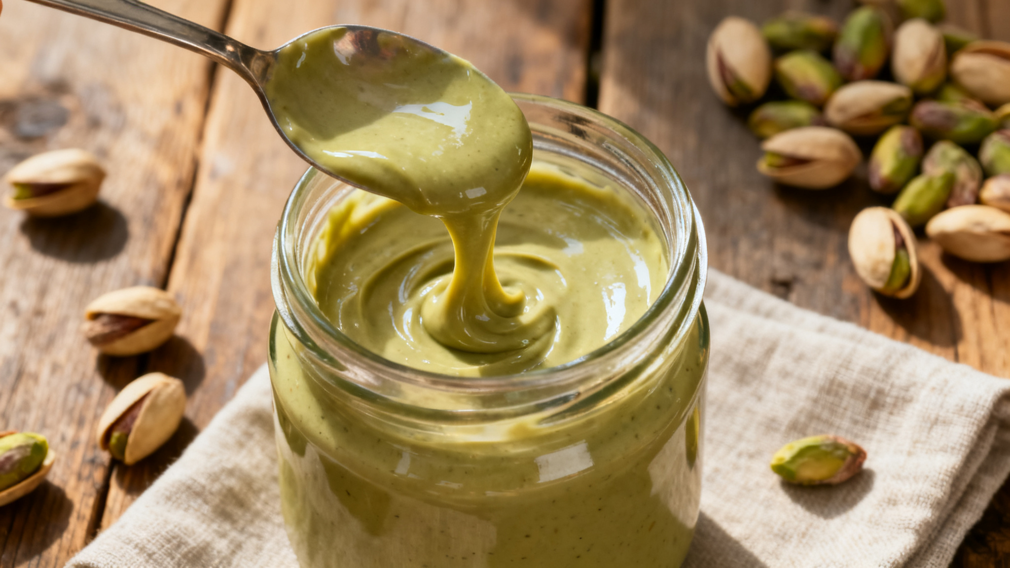 Bocal de crème de pistache lisse avec cuillère