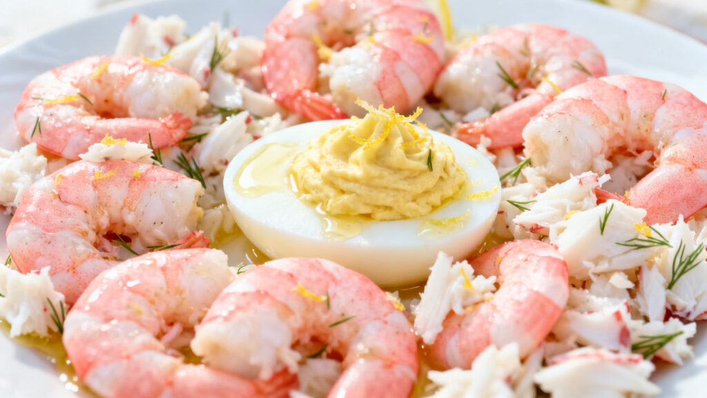 Crevettes roses et chair de crabe à la vinaigrette agrumes