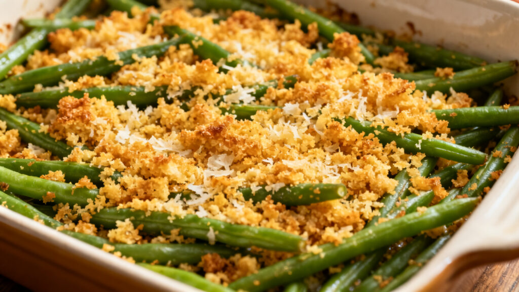 Gratin de haricots verts au crumble parmesan doré