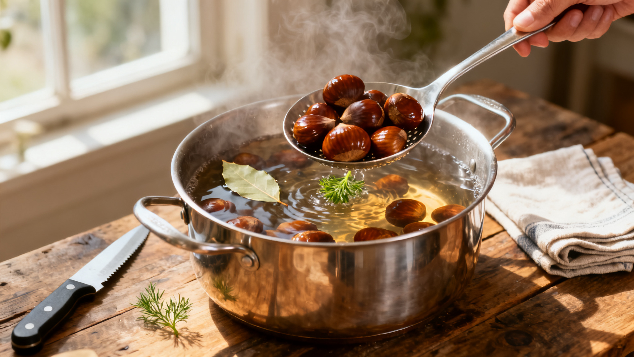Cuisson des châtaignes à l'eau avec laurier, vapeur douce