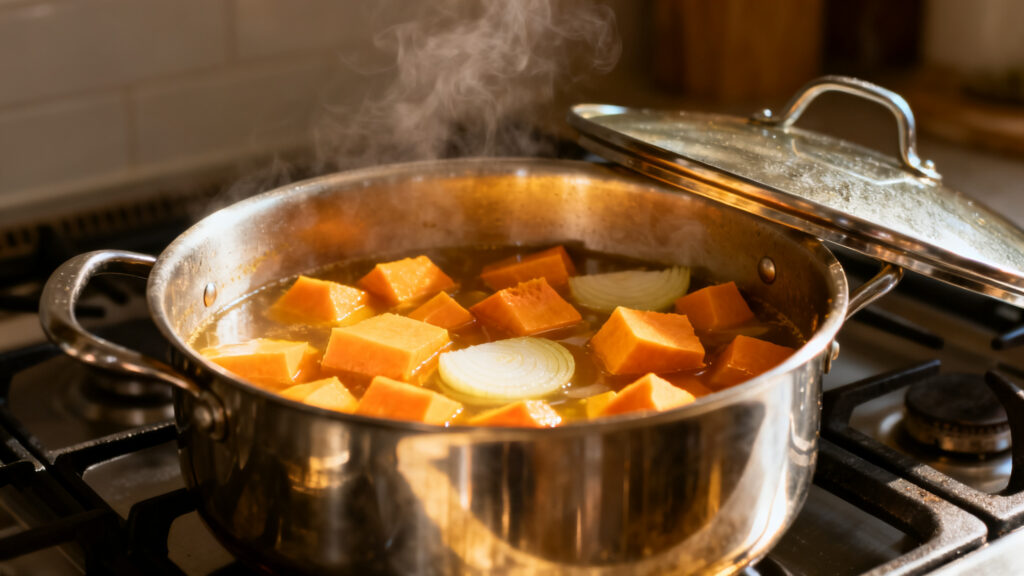 Cuisson à frémissement des cubes de butternut à hauteur
