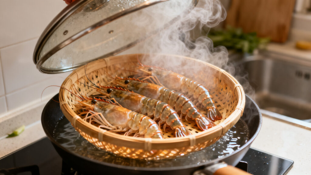 Langoustines en panier vapeur, couvercle prêt à fermer