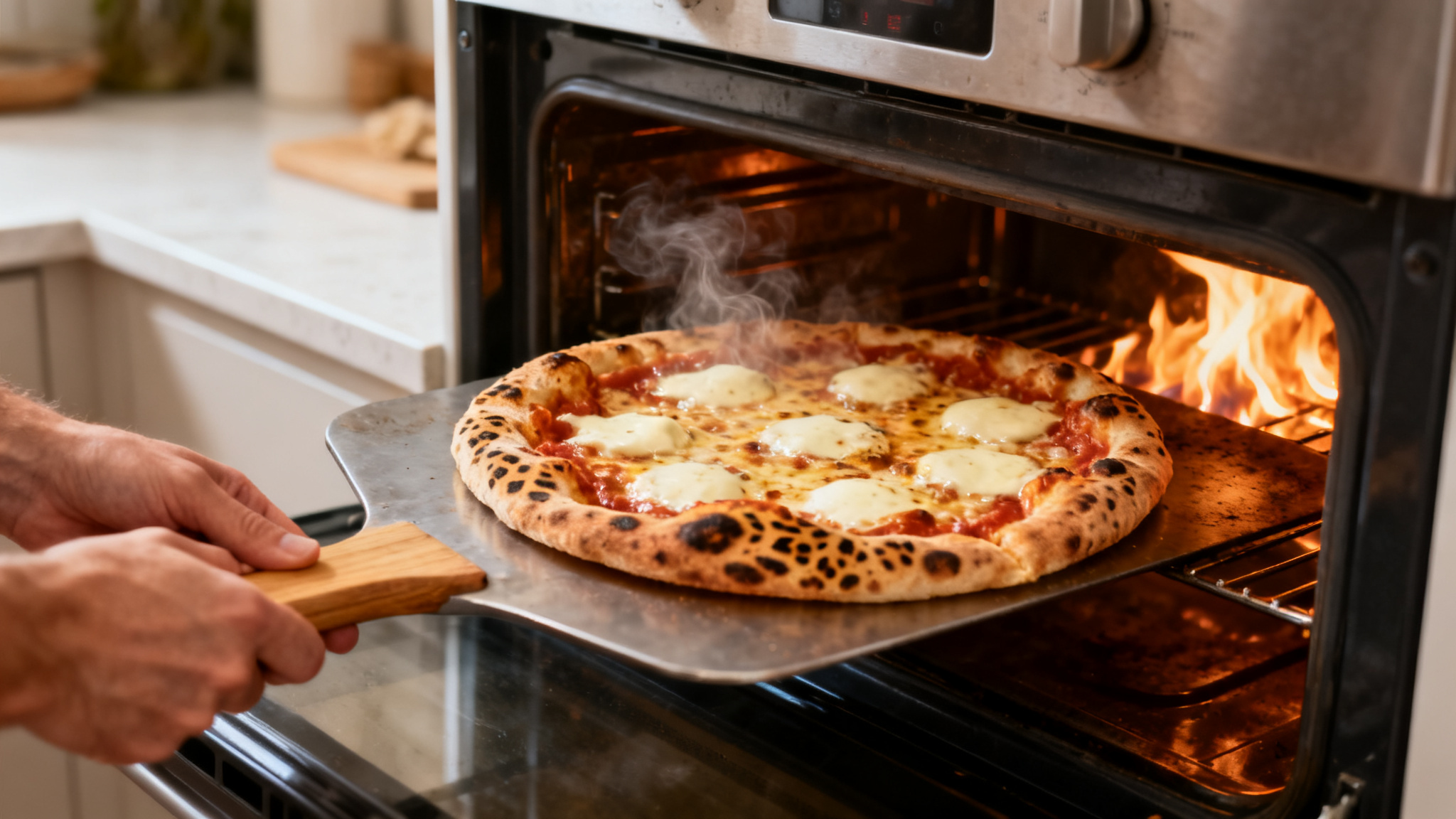Cuisson d'une pizza maison sur acier, dessous doré et fromage frémissant