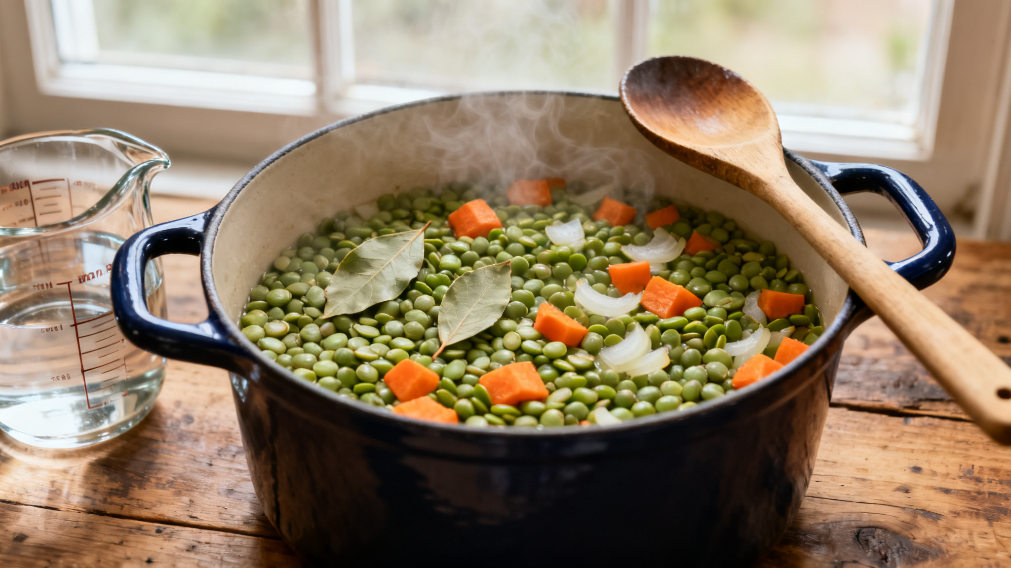 Casserole de cuisson des pois cassés avec laurier