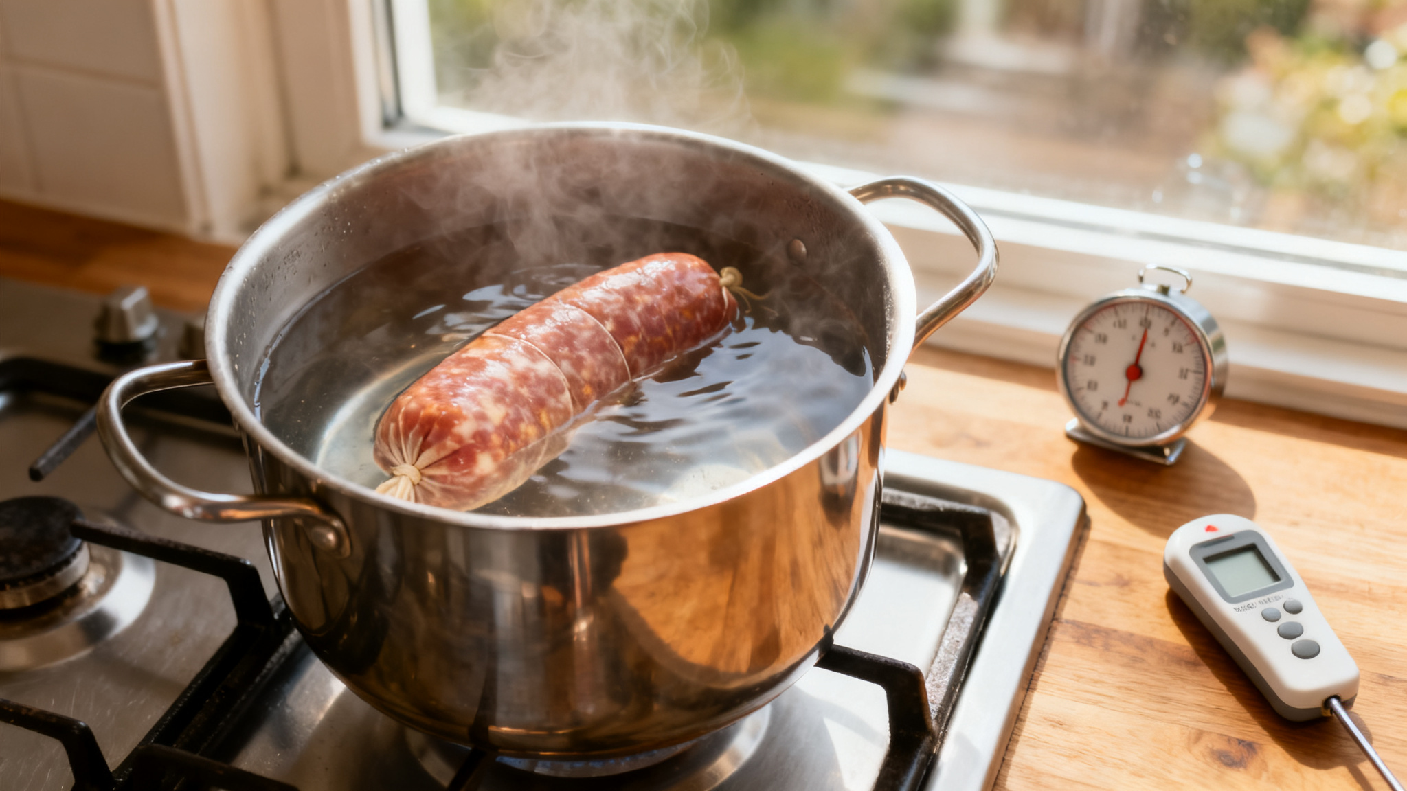 Cuisson du saucisson à cuire au frémissement, pot et thermomètre