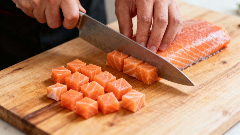 Découpe en dés de 5 à 8 mm pour tartare de saumon