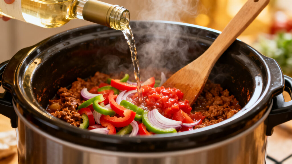 Déglacage au vin blanc et ajout de poivrons et tomates