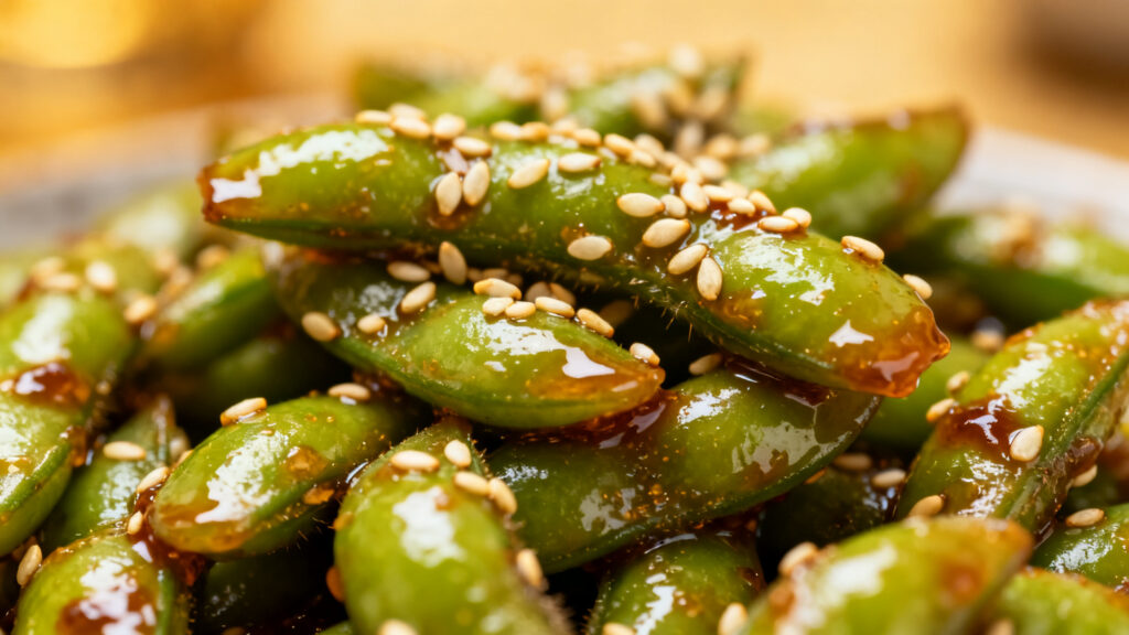 Détail laque miso miel sur haricots verts