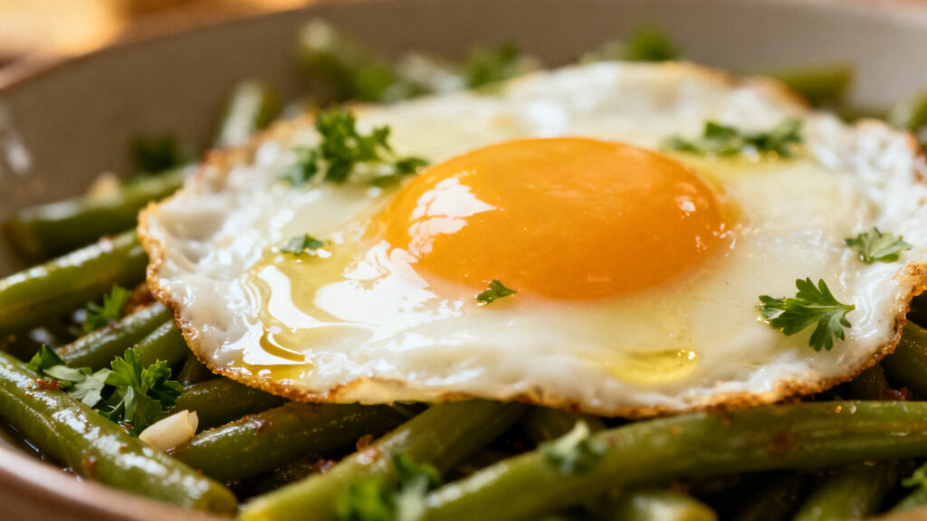 Œuf au plat sur haricots verts, jaune brillant