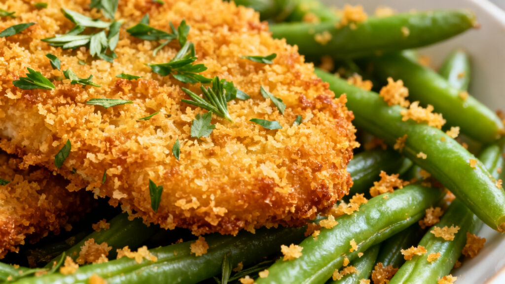 Détail croûte panko dorée sur haricots verts
