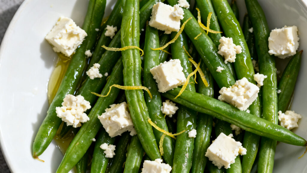 Détail feta, olives et zeste sur haricots verts