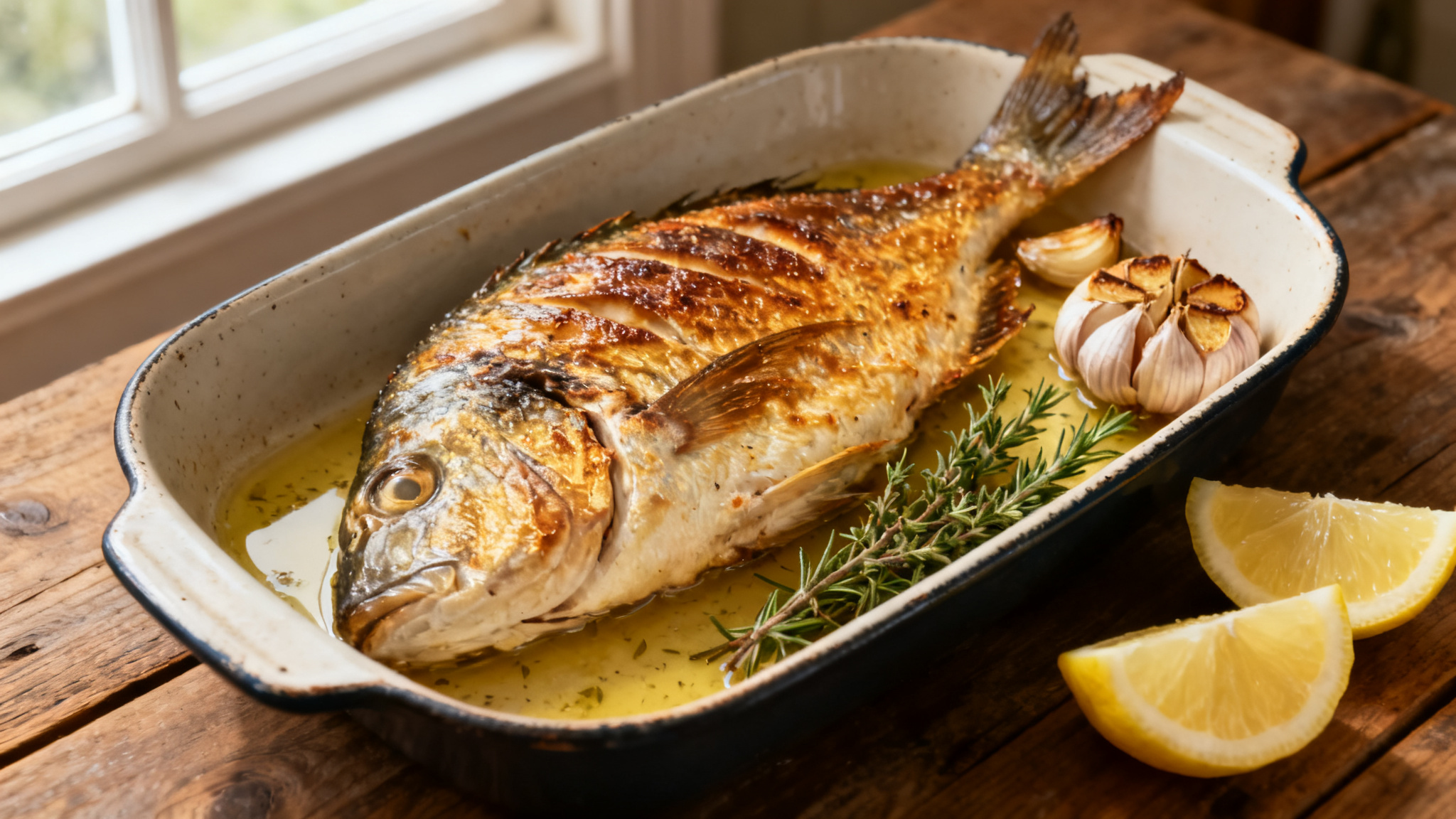 Dorade au four citron-ail avec peau croustillante dorée