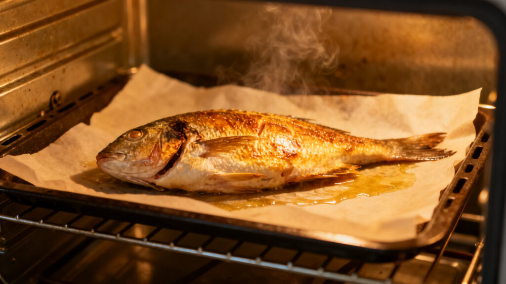 Dorade au four sur grille centrale, chaleur tournante 200 °C