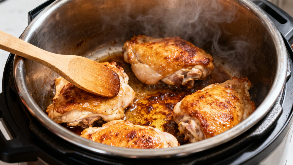 Cuisses dorées au mode dorer, sucs caramélisés au fond de cuve