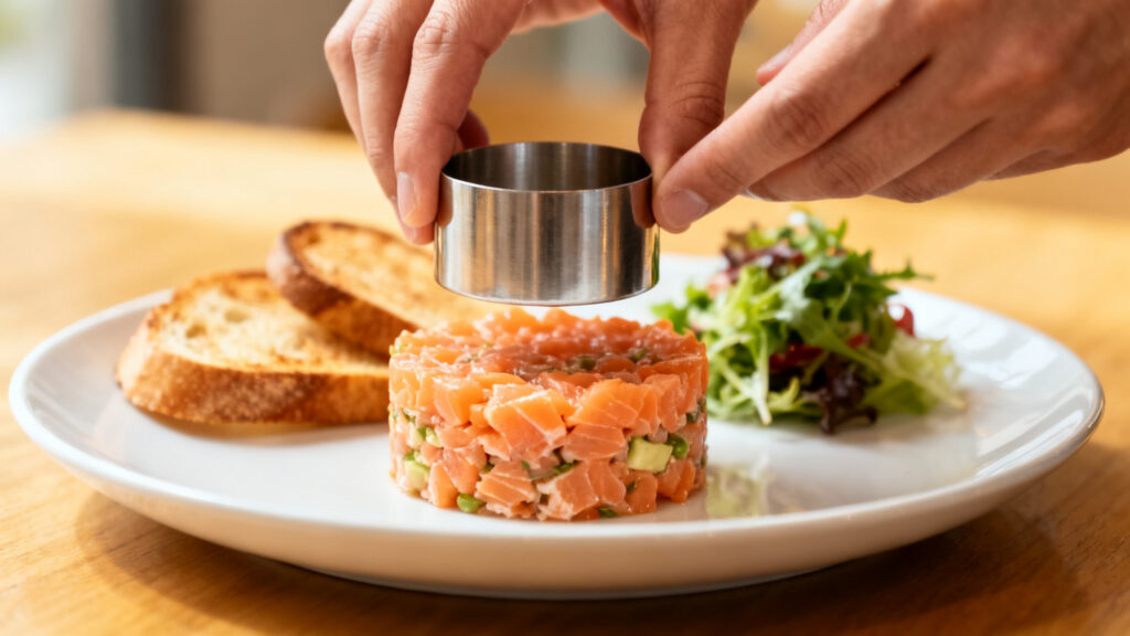 Dressage du tartare à l’emporte-pièce avec toasts en accompagnement