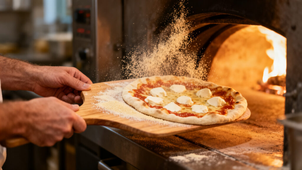 Comment enfourner une pizza sans la déformer avec pelle et semoule