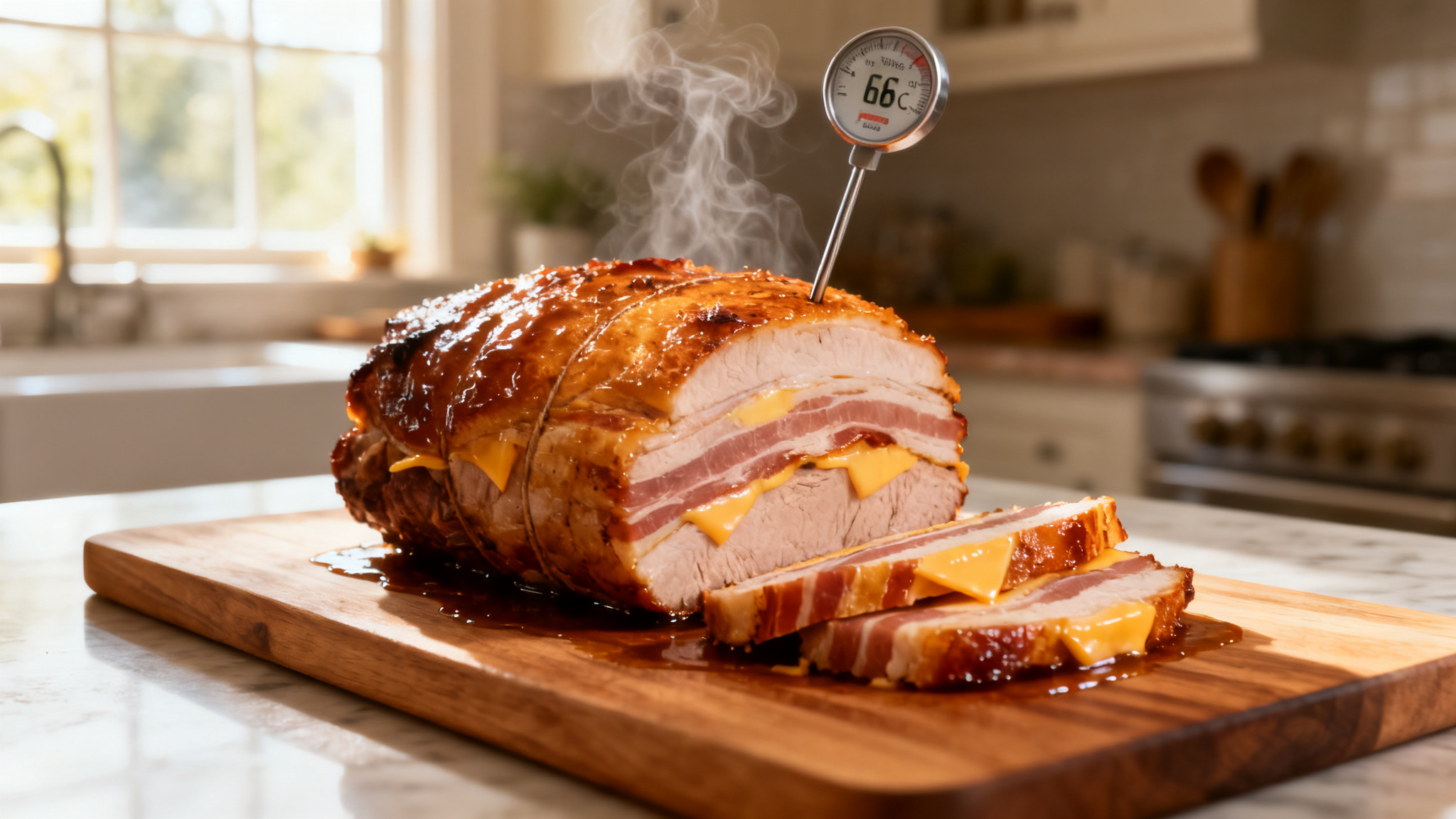 Cuisson du rôti de porc Orloff, sonde à 66&nbsp;°C au cœur