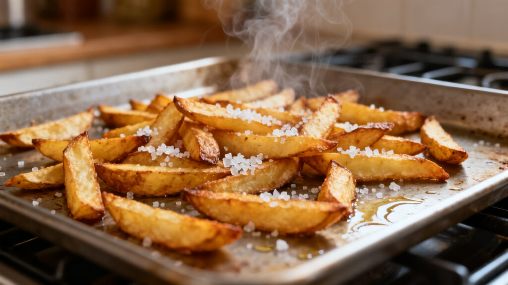 Frites au four croustillantes sur plaque préchauffée