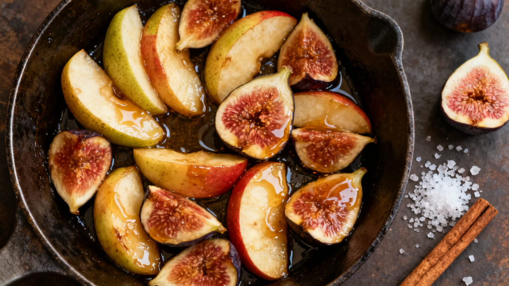 Fruits rôtis figues pommes poires au miel