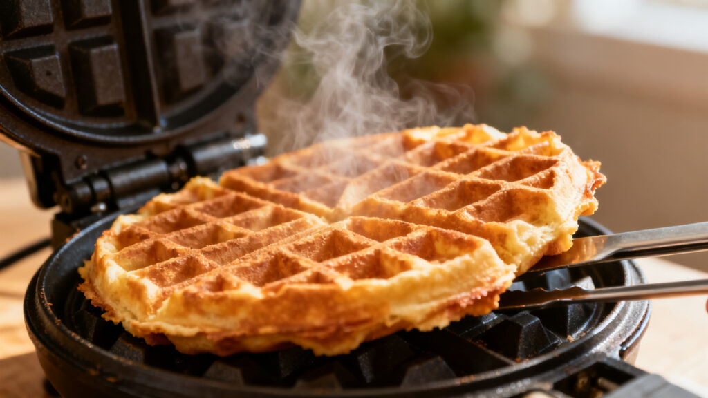 Gaufrier préchauffé, gaufre dorée et vapeur visible