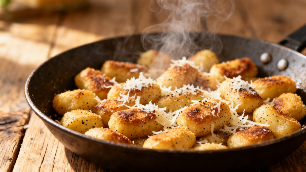 Gnocchis poêlés dorés, parmesan râpé et poivre