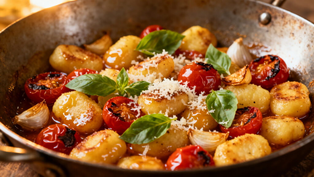 Gnocchis dorés, tomates cerises rôties, basilic et parmesan