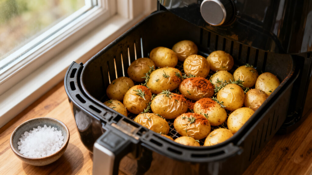 Pommes de terre grenailles airfryer, peau dorée et herbes