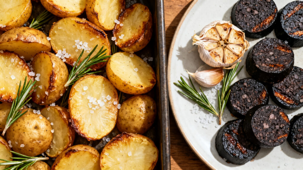 Pommes de terre grenailles croustillantes, boudin noir