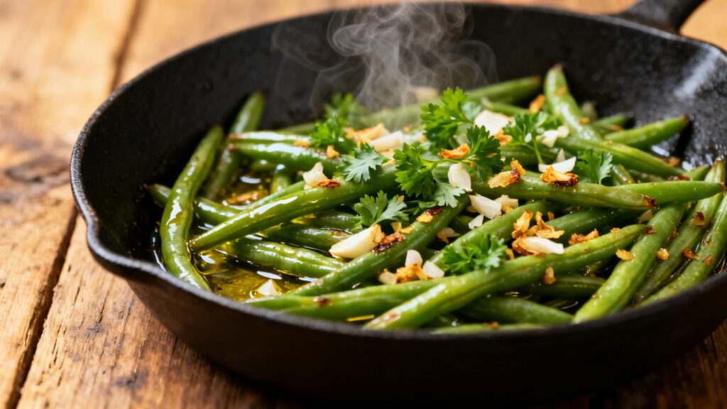 Haricots verts poêlés à l’ail et persil, texture brillante