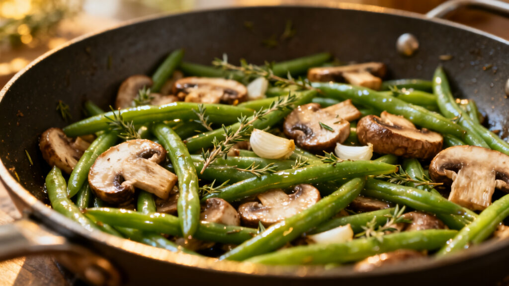 Poêlée de haricots verts aux champignons, ail et thym