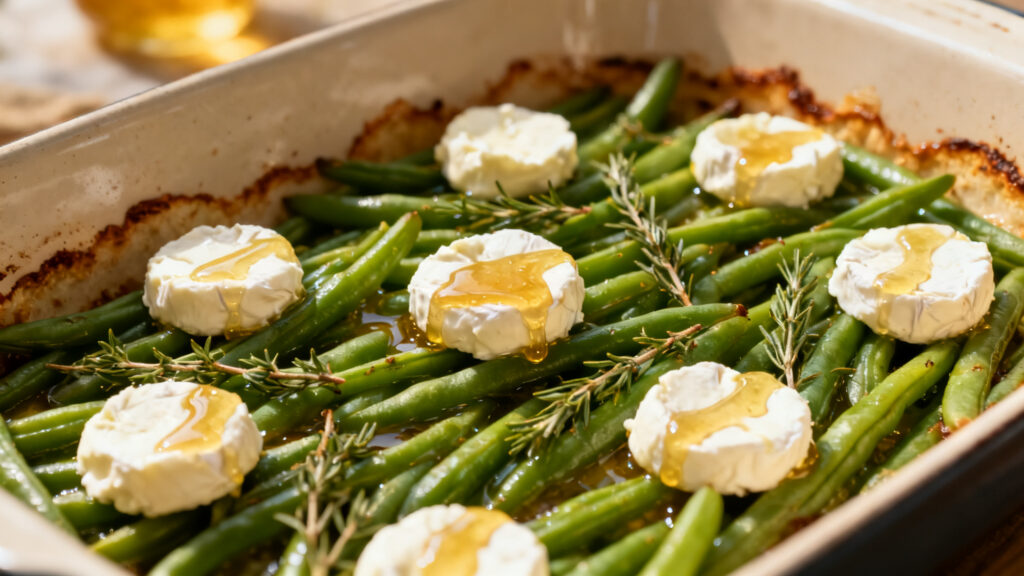 Haricots verts au chèvre, miel et thym dorés