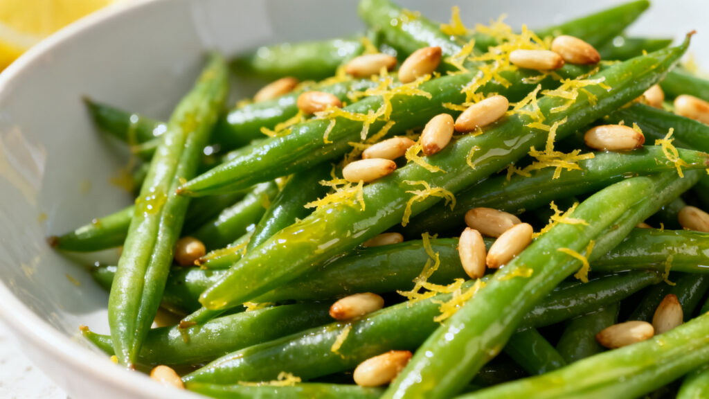 Haricots verts au zeste de citron et pignons dorés