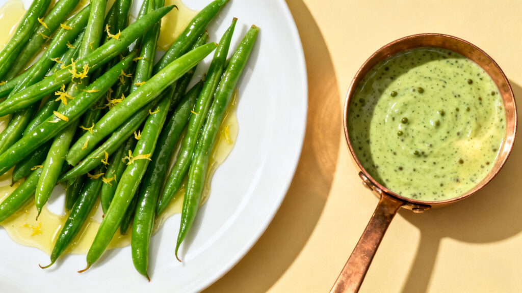 Haricots verts al dente et sauce au poivre vert