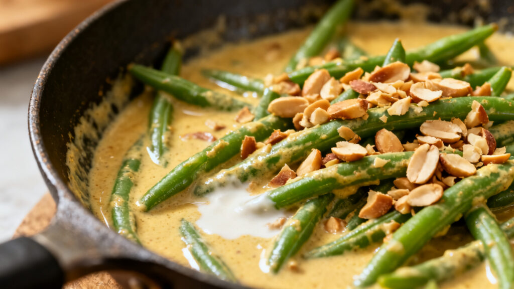 Haricots verts au curry coco, cacahuètes croquantes