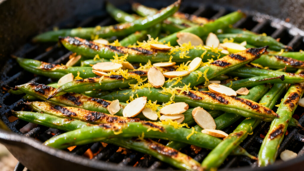 Haricots verts grillés, zestes de citron et amandes effilées