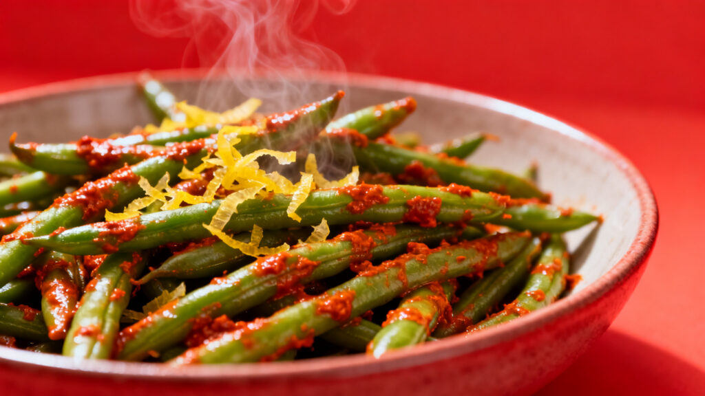 Haricots verts à la harissa et citron confit