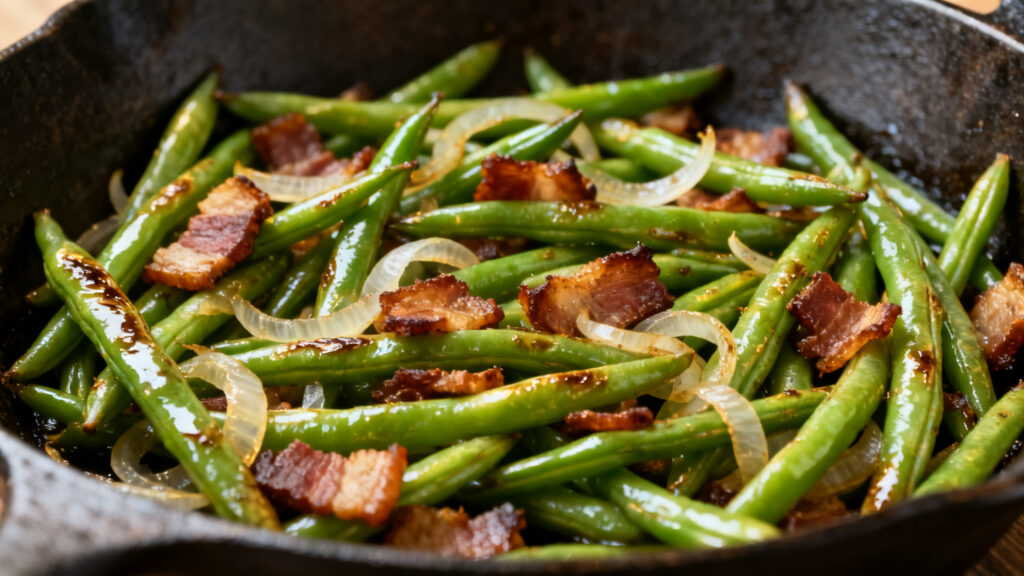 Haricots verts sautés aux lardons et oignons fondants