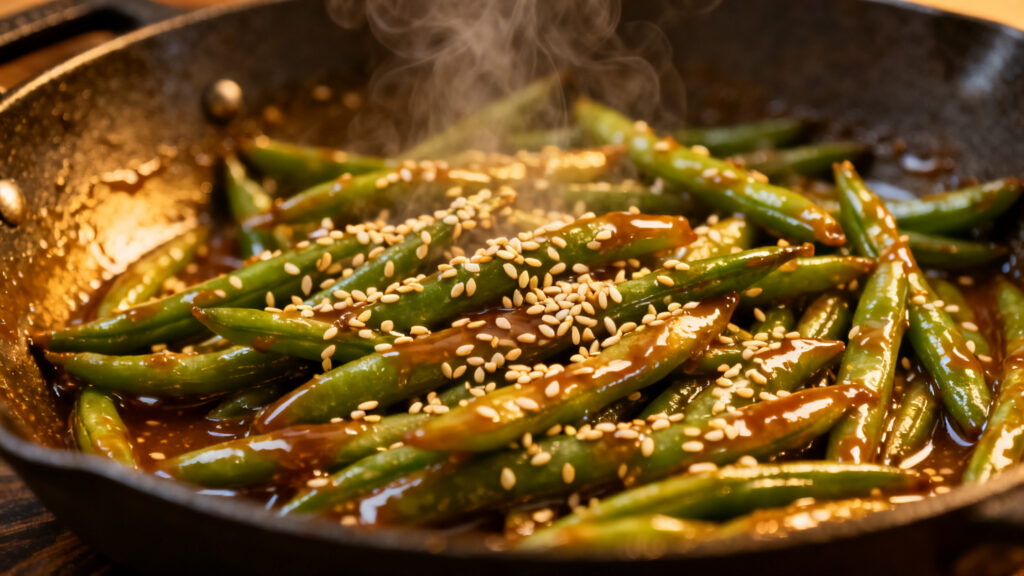 Haricots verts laqués miso miel au sésame