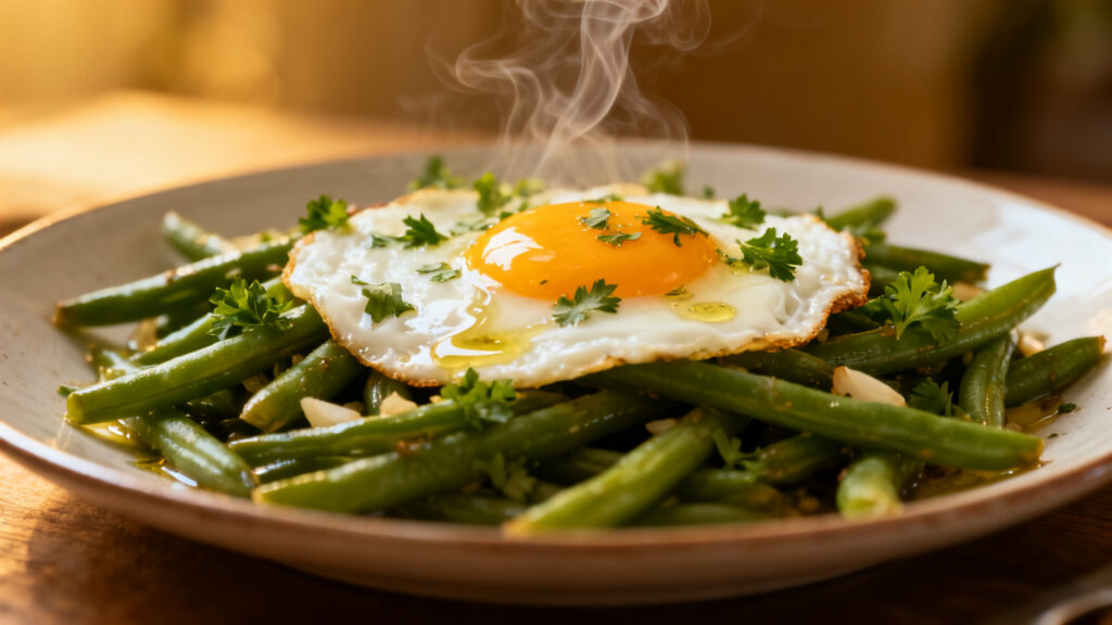 Œufs au plat sur haricots verts à la persillade