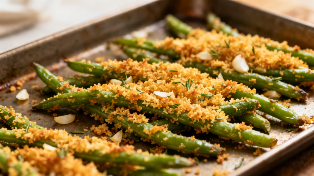 Haricots verts gratinés au panko croustillant et herbes