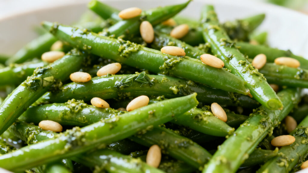 Haricots verts au pesto de basilic, verts et brillants